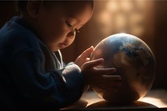Heartwarming scene child hands planet. Generate AI Product Image 1