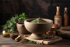 Herbs wooden table food. Generate Ai Product Image 1