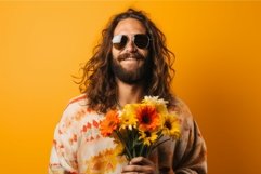 Hippie man smiling with bouquet of colorful flowers. Generat Product Image 1