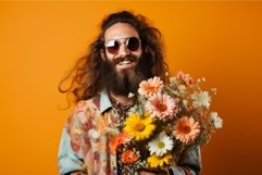 Hippie trendy man with bouquet of colorful flowers. Generate Product Image 1