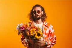 Hippie man with sunglasses and bouquet of colorful flowers. Product Image 1