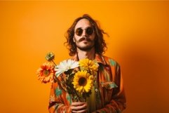 Hippie man with bouquet of colorful flowers on orange backgr Product Image 1