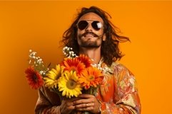 Hippie man with bouquet of colorful flowers. Generate AI Product Image 1