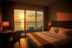 Hotel room sea sunset. Generate Ai Product Image 1