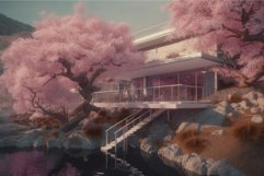 House near lake with blossom tree. Generate Ai Product Image 1