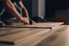 Renovation homeowner installing new timber floor. Generate a Product Image 1