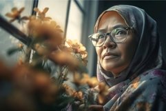 Indonesian mature woman window morning view. Generate Ai Product Image 1