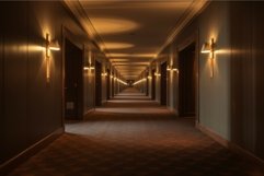 Dimly-lit Interior long hotel corridor. Generate Ai Product Image 1