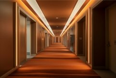 Elongated Interior long hotel corridor. Generate Ai Product Image 1