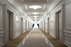 Interior long hotel corridor light. Generate Ai Product Image 1