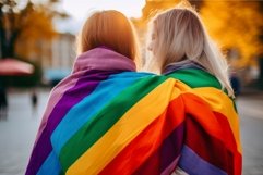 Joyful lesbian couple wtih lgbt flag. Generate Ai Product Image 1