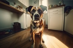 Dog sitting at kitchen floor indoor. Generate Ai Product Image 1