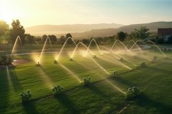 Automatic garden watering system sunset. Generate Ai Product Image 1