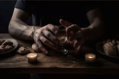 Male hands with glass on table at last religious supper. Gen Product Image 1