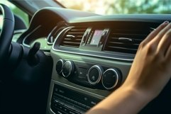 Woman listening radio while driving. Generate Ai Product Image 1