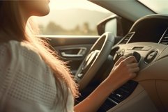 Woman listening radio while driving in morning. Generate Ai Product Image 1