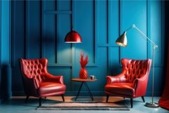 Blue wall red armchairs lights. Generate Ai Product Image 1