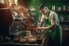 Barista man wearing green apron preparing coffee. Generate a Product Image 1