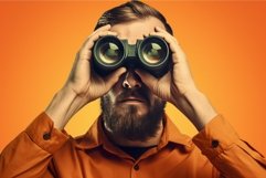 Man carefully look binoculars on orange background. Generate Product Image 1