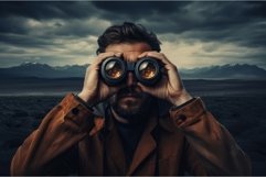 Observant Man carefully look binoculars. Generate Ai Product Image 1