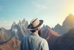 Back view of man admiring mountain view. Generate ai Product Image 1