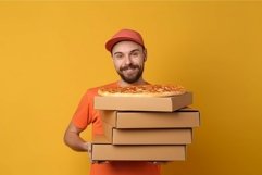 Man pizza boxes stack in hand. Generate AI Product Image 1