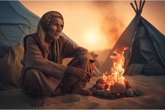 Arabic man sitting in dessert next to the bonfire. Generate Product Image 1