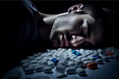 Man sleeping on medicine pills. Generate ai Product Image 1