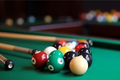 Many colorful billiard balls and cue on green table. Generat Product Image 1