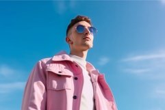 Model man pink jacket blue sky. Generate Ai Product Image 1