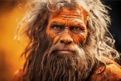 Striking Neanderthal man face orange background. Generate Ai Product Image 1
