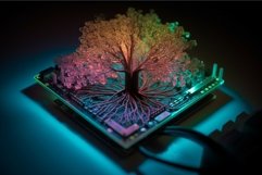 Neon tree computer chip web. Generate Ai Product Image 1