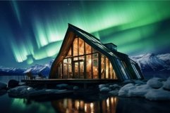 Serene Northern lights sky wooden house glow. Generate Ai Product Image 1