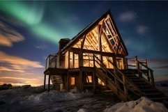 Luminous Northern lights sky wooden house glow. Generate Ai Product Image 1