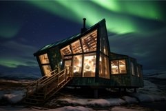 Captivating Northern lights sky wooden house glow. Generate Product Image 1