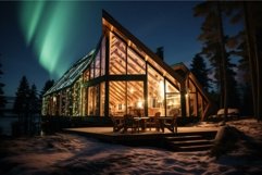 Tranquil Northern lights sky wooden house glow. Generate Ai Product Image 1