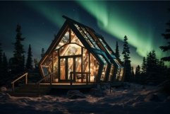 Picturesque Northern lights sky wooden house glow. Generate Product Image 1