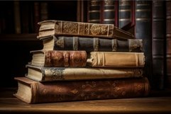 Dusty Old books stack at table. Generate Ai Product Image 1