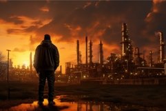 Diligent Petrochemical operator at sunset. Generate Ai Product Image 1