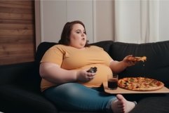 Overweight woman eating pizza. Generate Ai Product Image 1