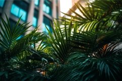 Palm leaves front skyscraper nature. Generate Ai Product Image 1