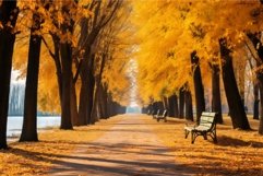 Panoramic autumn park with benches. Generate ai Product Image 1