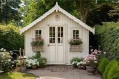 Patio garden shed with flowers. Generate Ai Product Image 1