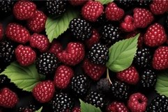 Fresh blackberries and raspberries with leaves on dark backg Product Image 1