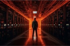 Man standing inside of fiery cyber server room. Generate ai Product Image 1