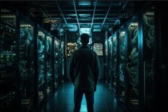 Diligent Person standing in front of dark server room. Gener Product Image 1