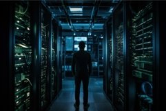 Intimidating Person standing in front of dark server room. G Product Image 1