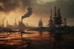 Expansive Petroleum production factory at sunset. Generate A Product Image 1