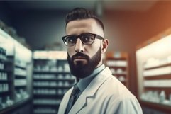 Bearded pharmacist medicine counter. Generate ai Product Image 1