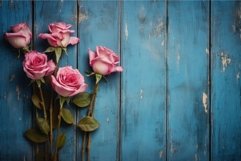 Colorful Pink roses blue wooden. Generate Ai Product Image 1